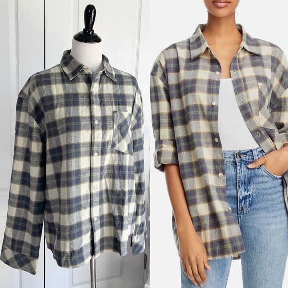 Weworewhat Womans Boyfriend Brushed Flannel Button Up Shirt in Green Multi - Picture 1 of 16